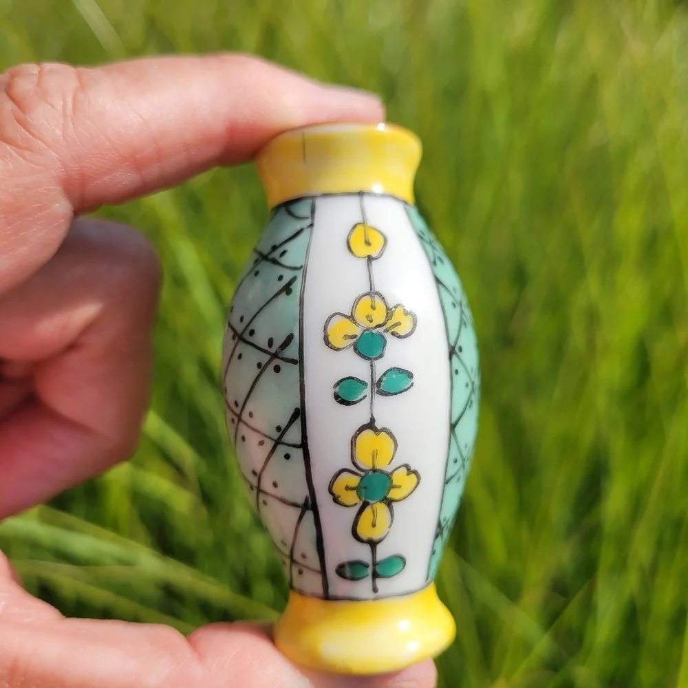 Limoges Vintage Mini Vase ~ Made in France ~ Pretty Green w/ Yellow Flowers
